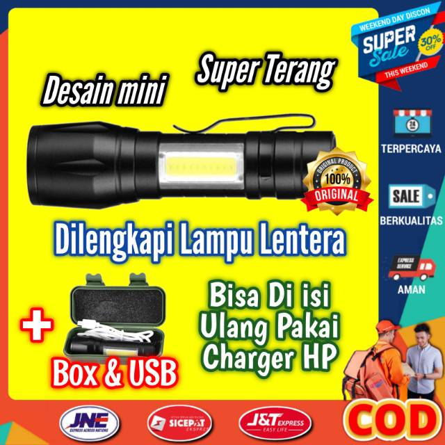 Senter Mini LED USB Super Terang / Senter Mini Cob Kabel Recharge / Paket Senter Mini Xpe Police Box