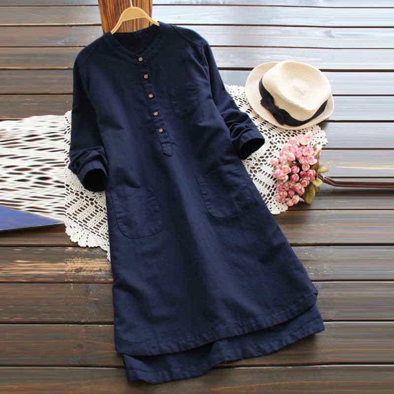 ZANZEA Women Casual Solid Color Buttons Plus Size Long Sleeve Mini Dress