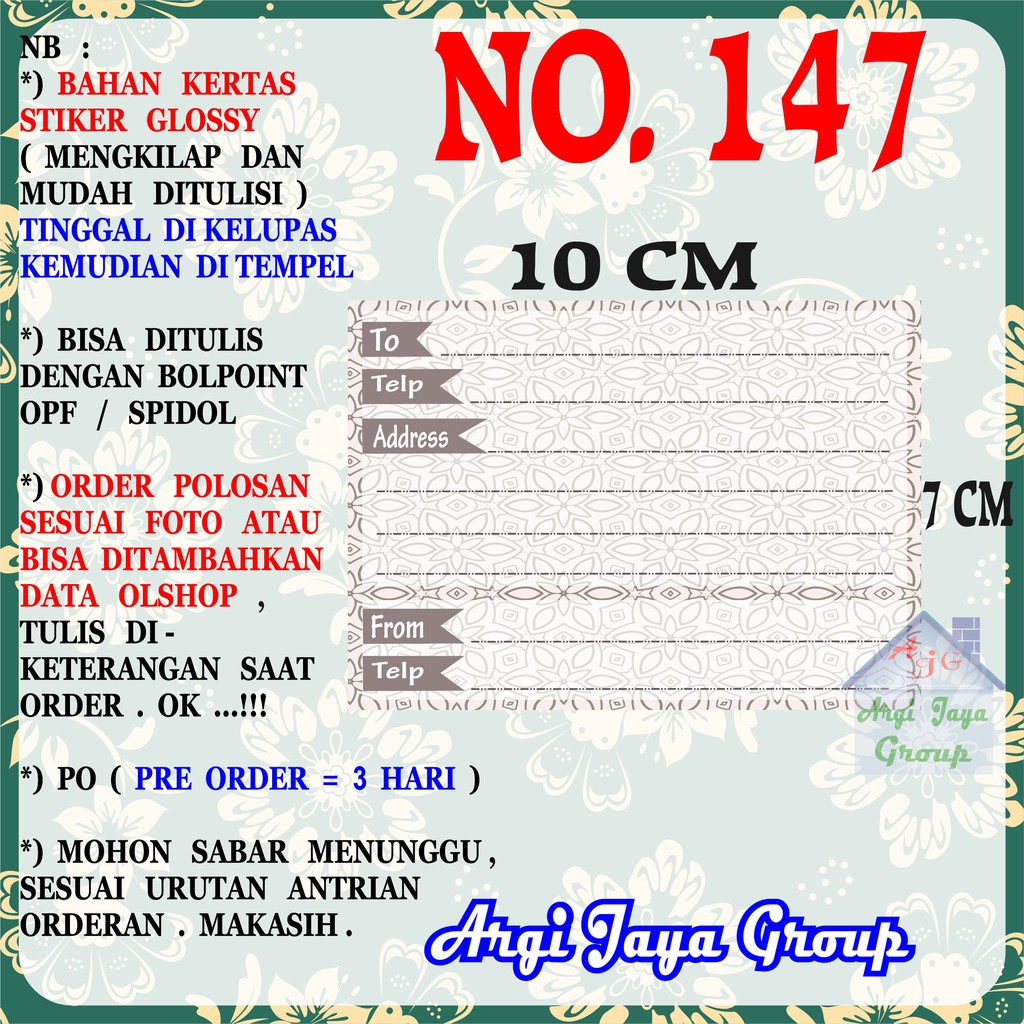 

Stiker Pengiriman - Sticker Alamat Olshop Murah Nomer 147 - 10x7 cm - Glossy