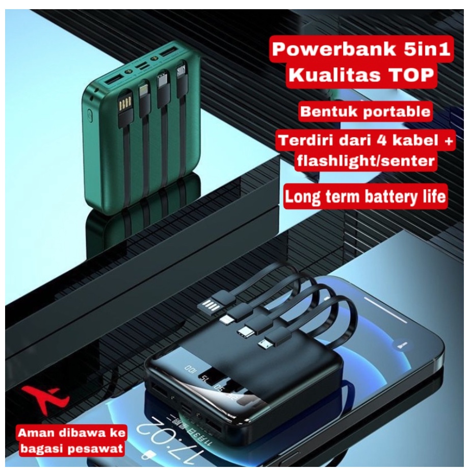 Powerbank Mini 5in1 Fast Charging 20.000 mAH Built in Cable Portable with LED Display Dual USB Digital