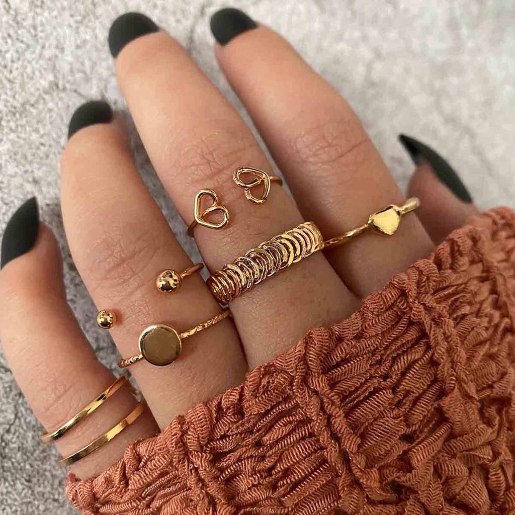 6pcs / Set Cincin Bentuk Hati Ganda Model Putar Tidak Teratur