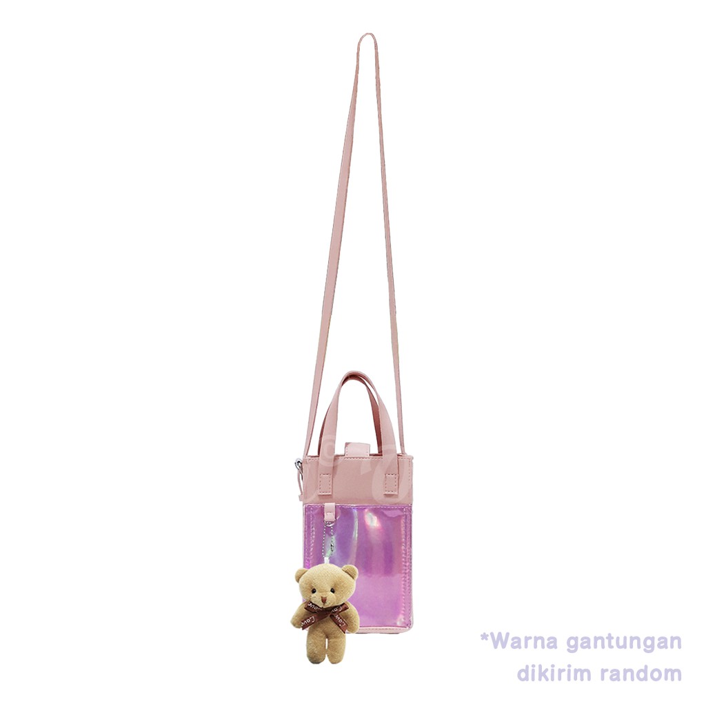 Shifra Sling Wallet Hologram Holo Gantung HP Gantungan Bear Navy Pink Purple dengan Tali Gagang dan Tali Panjang