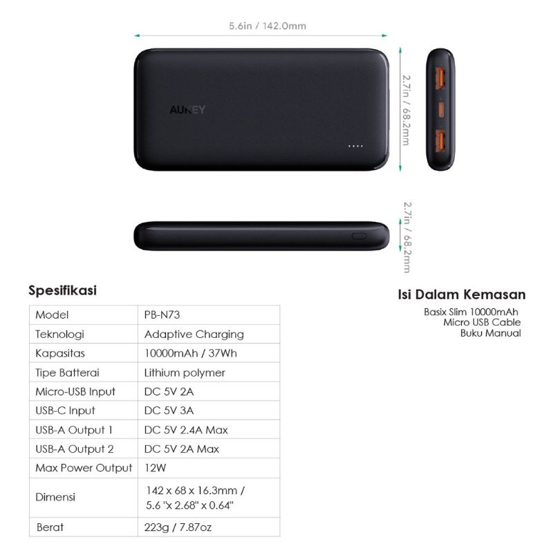 Aukey PB-N73 Basix Slim Powerbank 10.000mAh