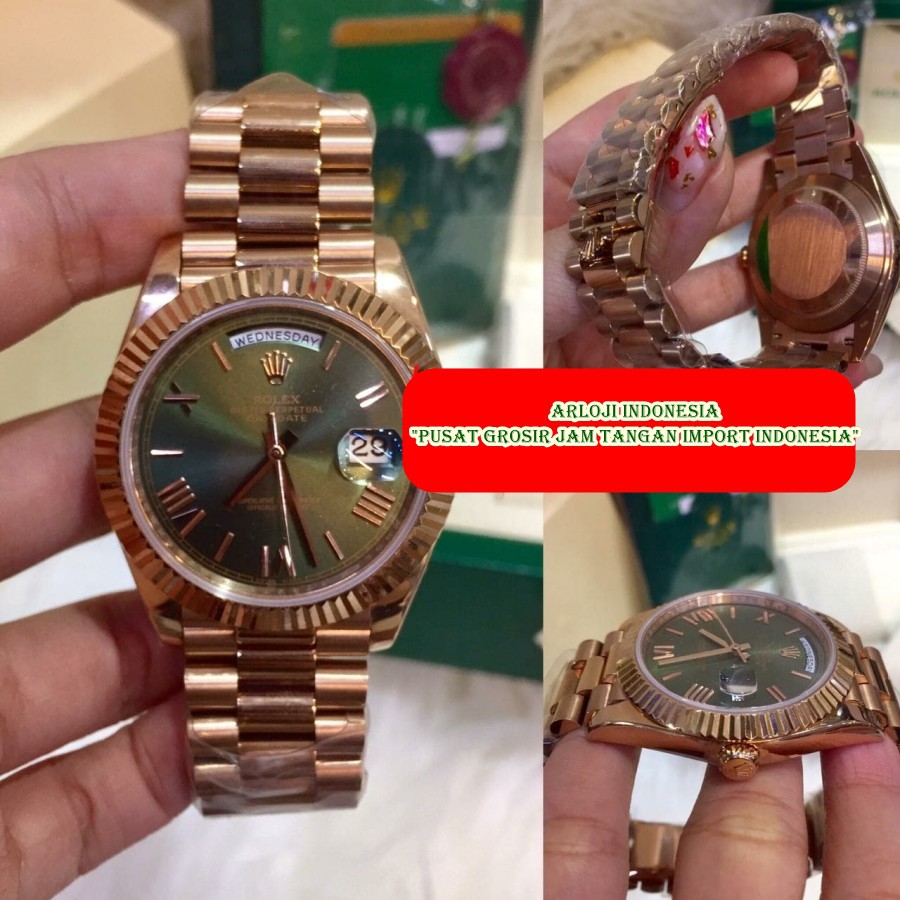 Diskon Jam Tangan Pria ROLEX DayDate Rosegold Green SWISS ETA 1:1 Garansi 1th