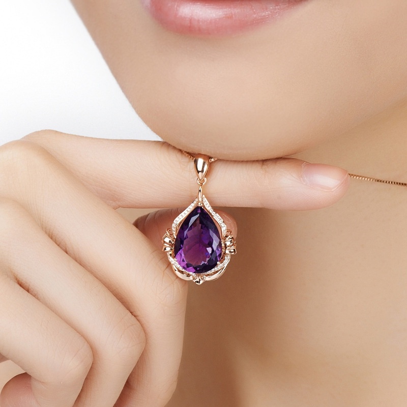 [Ready Stock]Fashion Inlaid Amethyst Hanging Luxury Micro Inlaid 18K Rose Gold Necklace