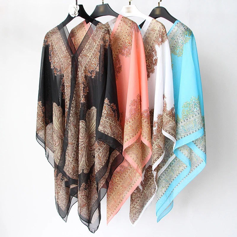 outer scarf leher aksesoris fashion korea syal wanita Bahan sifon bermutu tinggi cardigan outher Printing Batik Chiffon Sutra Shawl Wanita Silk