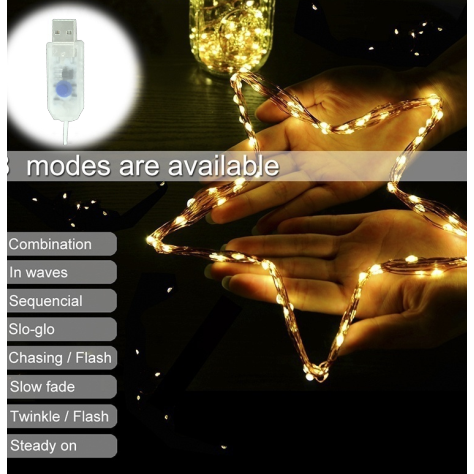 5M 10M Led 8 Mode Fairy Lights / USB Powered Silver Wire Starry Fairy Lights / Waterproof String Lights Cocok Indoor Dan Outdoor / Dekorasi Lampu Malam Sempurna Untuk Kamar Tidur, Natal, Ramadhan, Tahun Baru, Pesta, Pernikahan, Ulang Tahun, Jendela