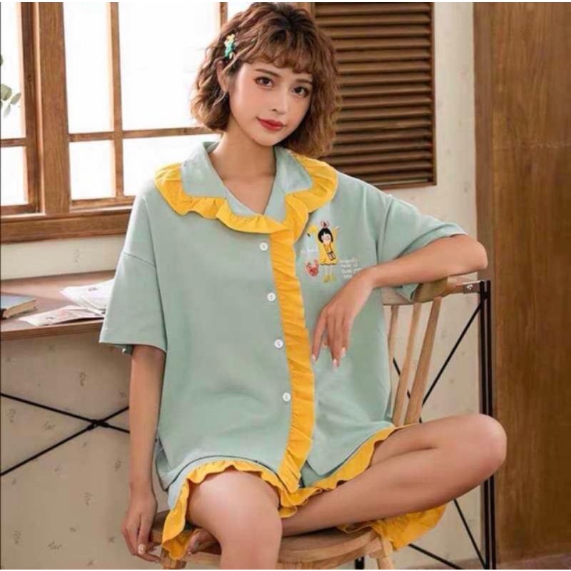 Setelan baju tidur piyama import viral lucu ala korea big size jumbo bahan kaos katun HP K hotpant k
