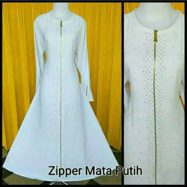 Abaya ziper mata putih gamis abaya putih