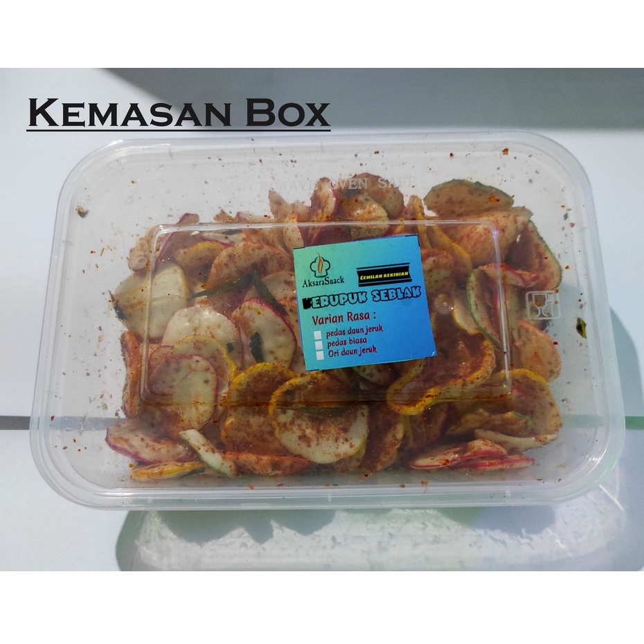 (PROMO)MAKANAN ENAK RINGAN PEDAS KERUPUK/KERIPIK SEBLAK DAUN JERUK 100GRAM KEMASAN BOX