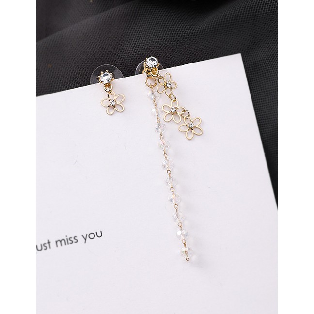 LRC Anting Tusuk Fashion Gold Silver Alloy Openwork Flower Crystal Beaded Asymmetric Tassel Earring