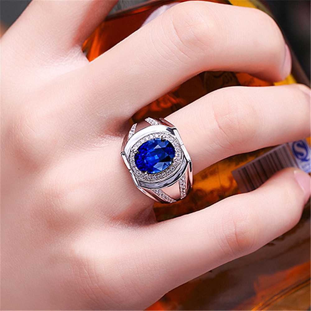 Cincin Berlian Safir Perak Pria Wanita Fashion Kristal Biru Rings