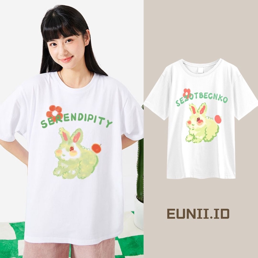 EUNII T-shirt Lengan Pendek Cetakan Kelinci Lucu Longgar Gaya Korean Style/Kaos Atasan Wanita/Baju Kaus Oversize Wanita