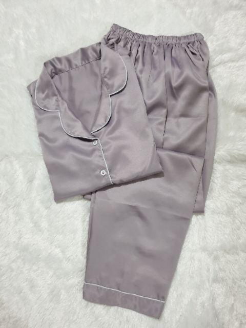 Baju Tidur Piyama Pajamas Wanita/Cewek Satin Silky Velvet Cantik Simple Wanita Dewasa Full Kancing-CP GREY