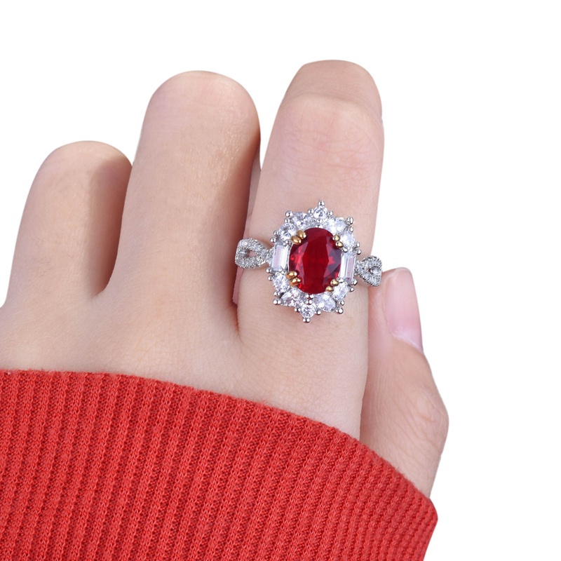 Fancyqube Cincin Sterling Silver 925 Model Terbuka Dengan Batu Zircon Oval Merah Vintage Untuk Wanita