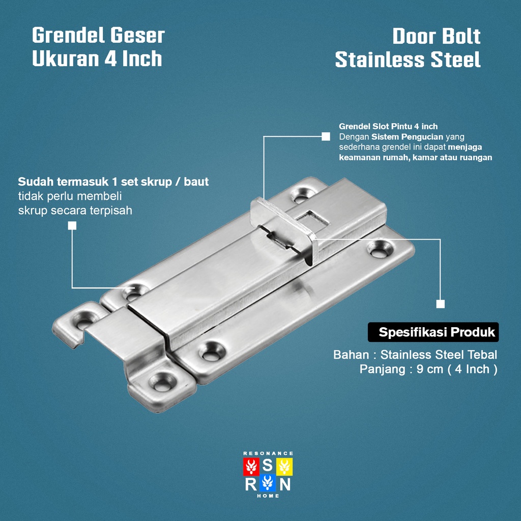 Grendel Geser Tebal 4 Inch / Slot Kunci Pintu Resonance Home