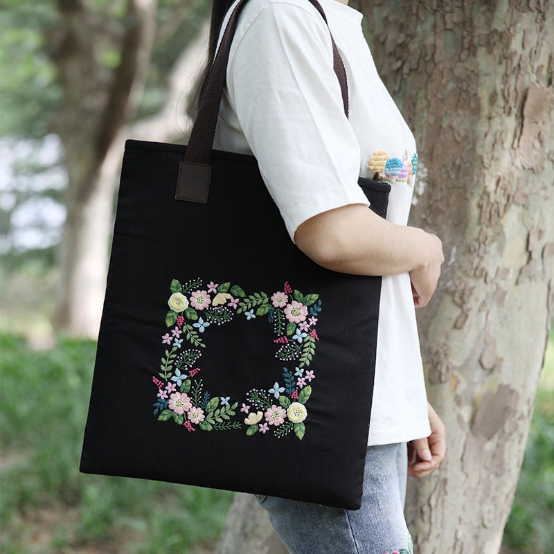 DIY embroidery kit sulam tote bag black