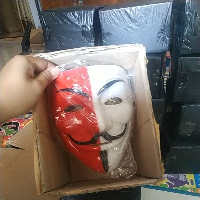 (Packing Box) Topeng anonymous merah putih topeng hacker merah putih eceran murah topeng anonymous