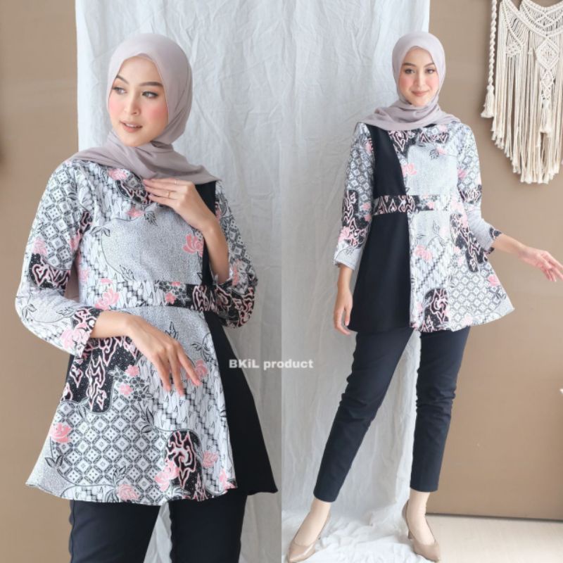 BLOUSE BATIK KOMBINASI BATIK ATASAN WANITA MODERN MOTIF SENO PUTIH AHAWAN