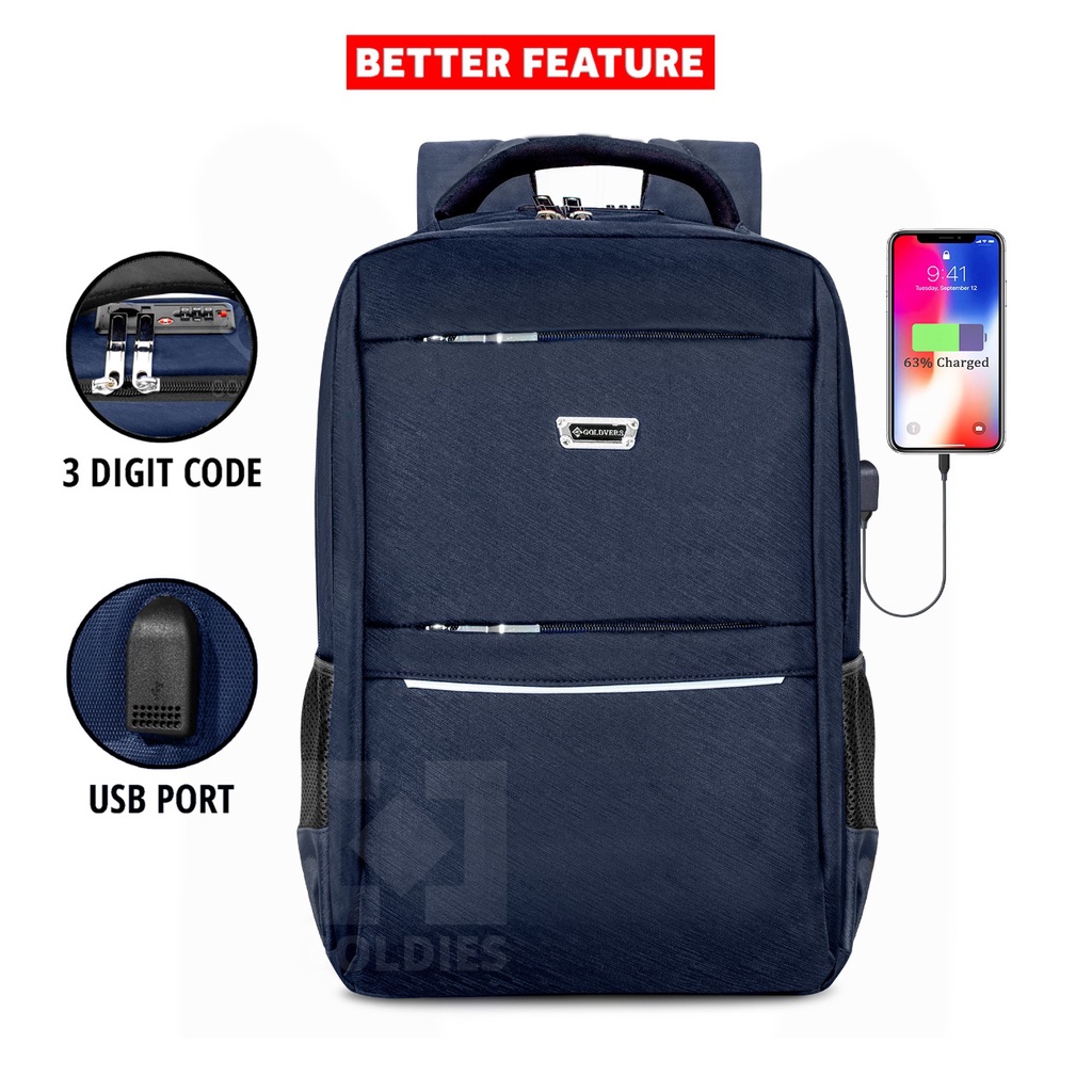 POLO LAND Tas Ransel Pria Tas Laptop Kerja 15 inch Free Kabel USB + Raincover - Goldiesbags