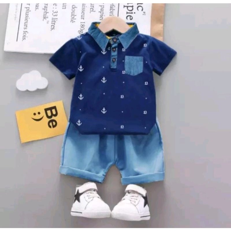 SET BAJU ANAK TERBARU / SETELAN ANAK MOTIF JANGKAR DENIM 1-5 THN