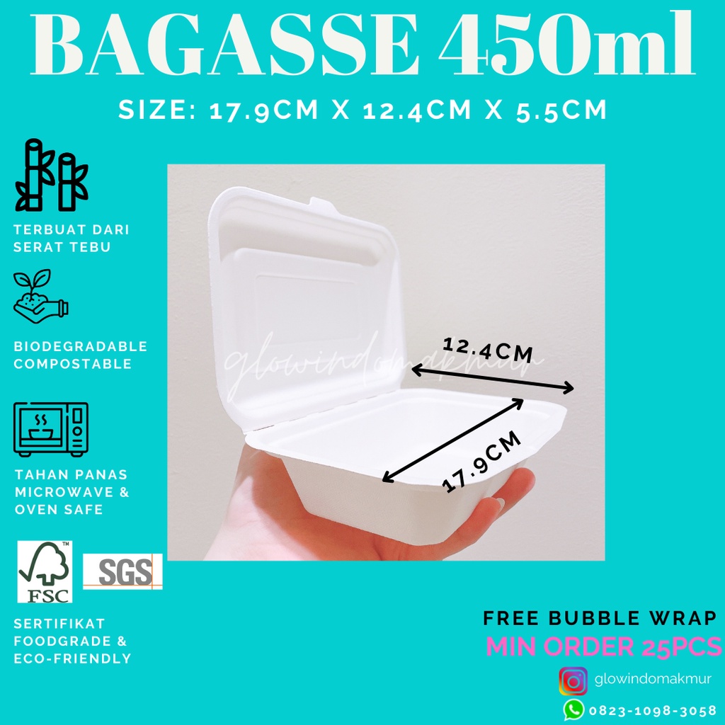 Bagasse Kotak 450ml Lunchbox Takeaway Sugarcane Serat Tebu ECO FRIENDLY