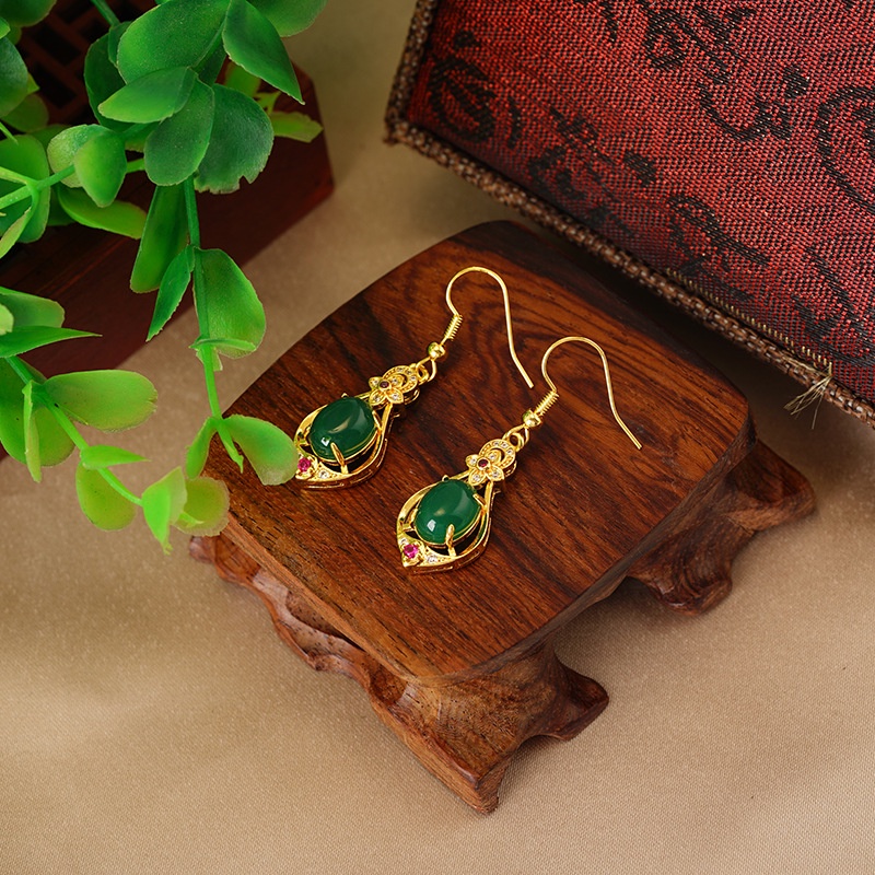 Goldkingdom Perhiasan Fashion 24K Bangkok Aksesoris Ready Stock Lapis Emas Asli Kadar 375 Panjang Rumbai Micro Set Emerald Ruby Elegan Drop Earrings Untuk Wanita
