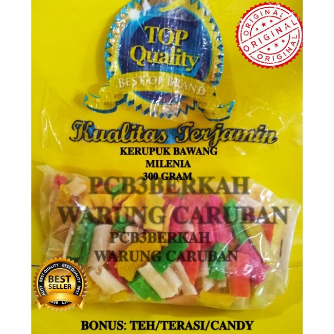 

KERUPUK BAWANG MILENIA 300 GR BONUS TEH/TERASI/CANDY