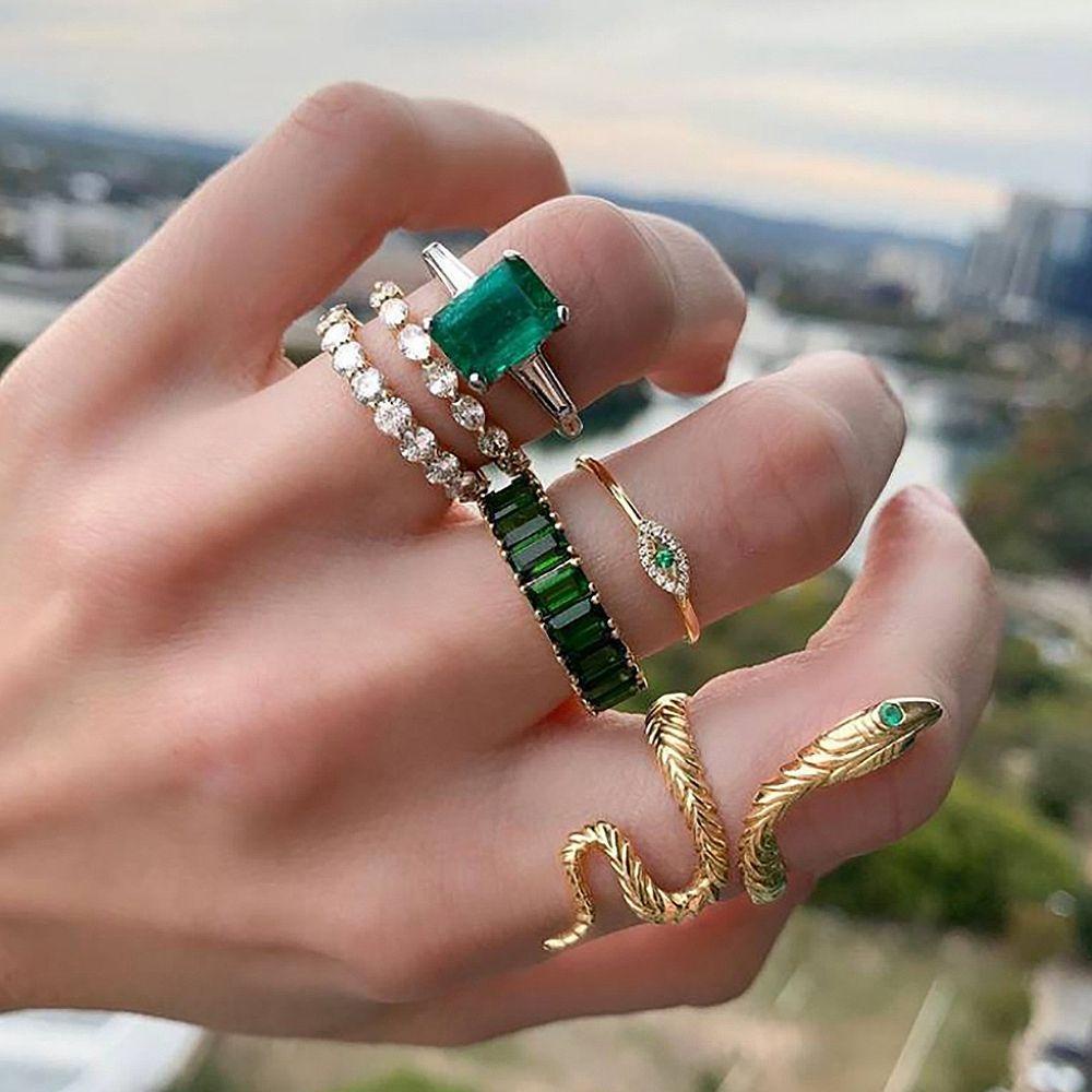 [Elegan] Set Cincin Ular Geometris Gotik Adjustable Emerald Zircon Knuckle Ring Vintage Hijau Berlian Imitasi Alloy Kristal Gaya Korea Jari Cincin