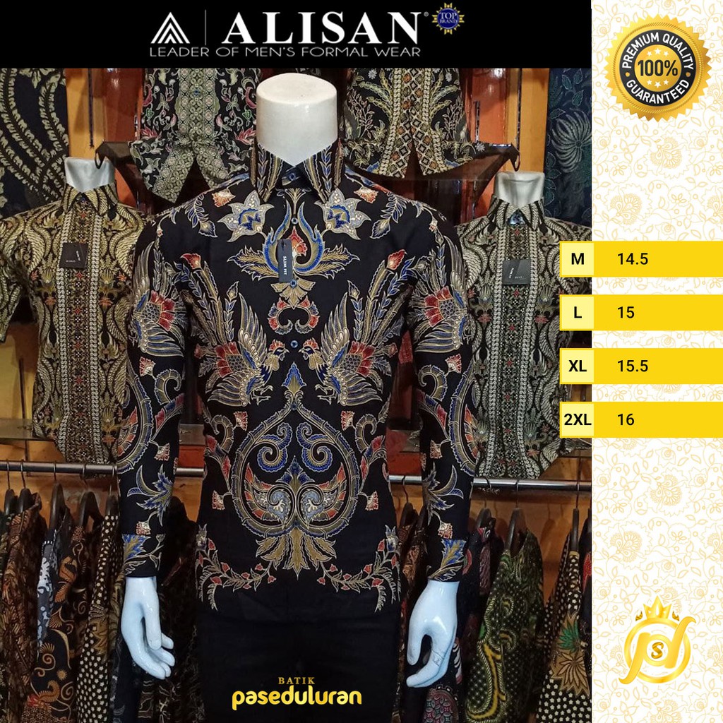 Kemeja Alisan Batik SlimFit Premium Katun  Motif Gunungan Merak Warna Hitam Emas LenganPanjang
