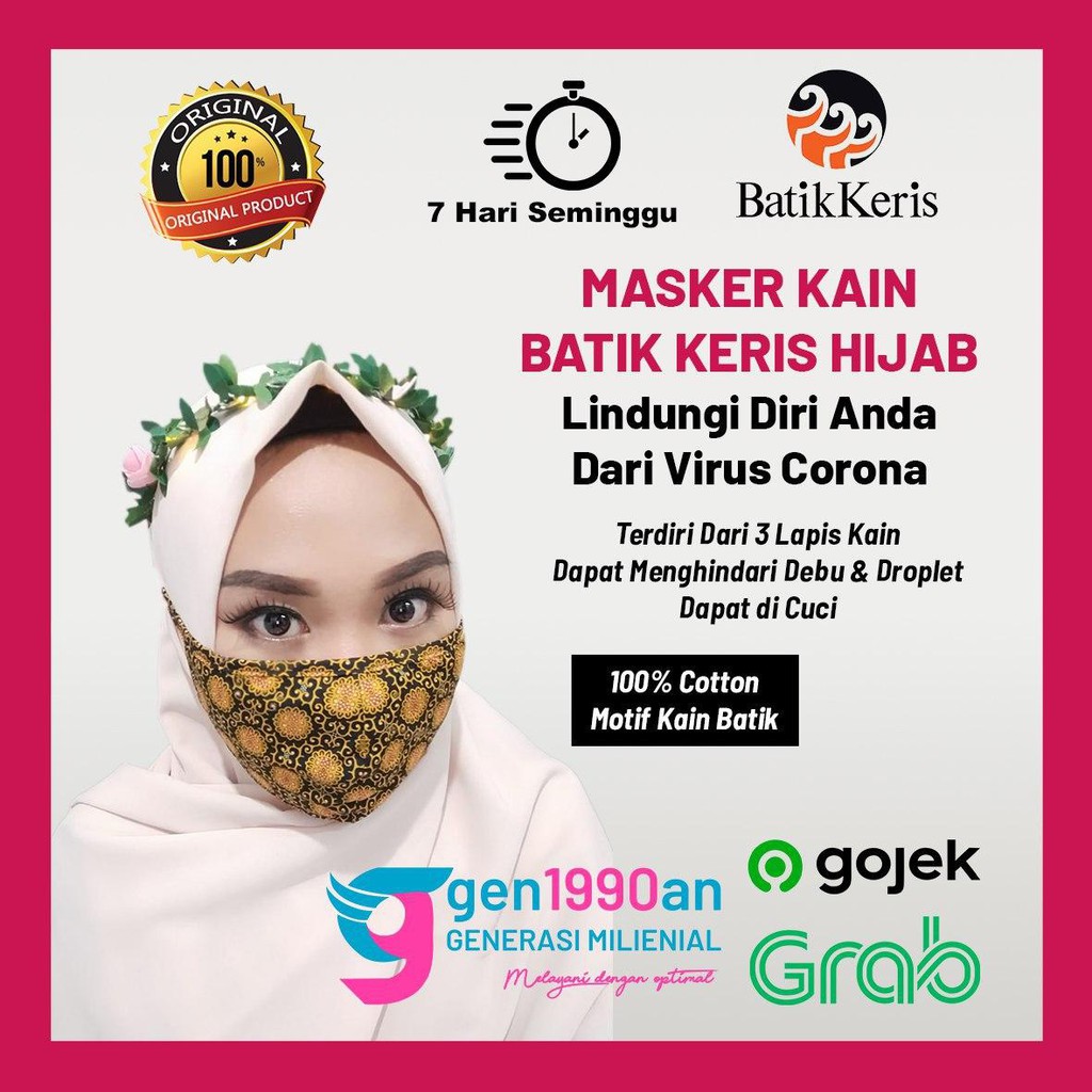 Masker kain Batik Keris - Ikat Tali (Hijab) - 3 ply + Bisa Selip Tisu
