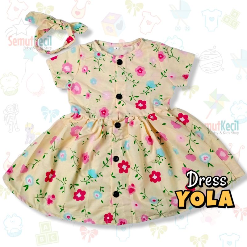 YOLA 1-4 THN DRESS ANAK BAYI PEREMPUAN KANCING DEPAN KATUN CATRA FREE BANDANA Baju Anak Bayi Perempuan Cewek Dres Baby Girl-D SoftYellowFloPink