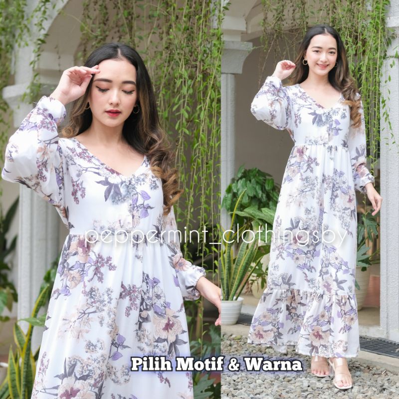 REBECCA . Flowery Dress Korea Bunga bunga.Dress Vintage Korean Style.Dress Sifon Ceruty.Long Dress B