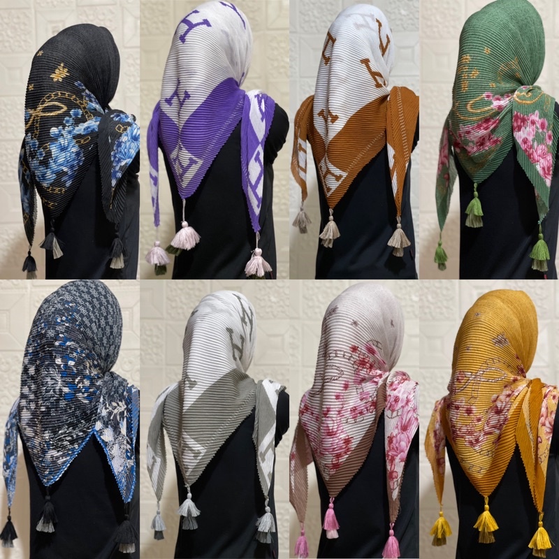 Hijab Segiempat Plisket POM Tassel Motif Cotton Voal/Denay KW