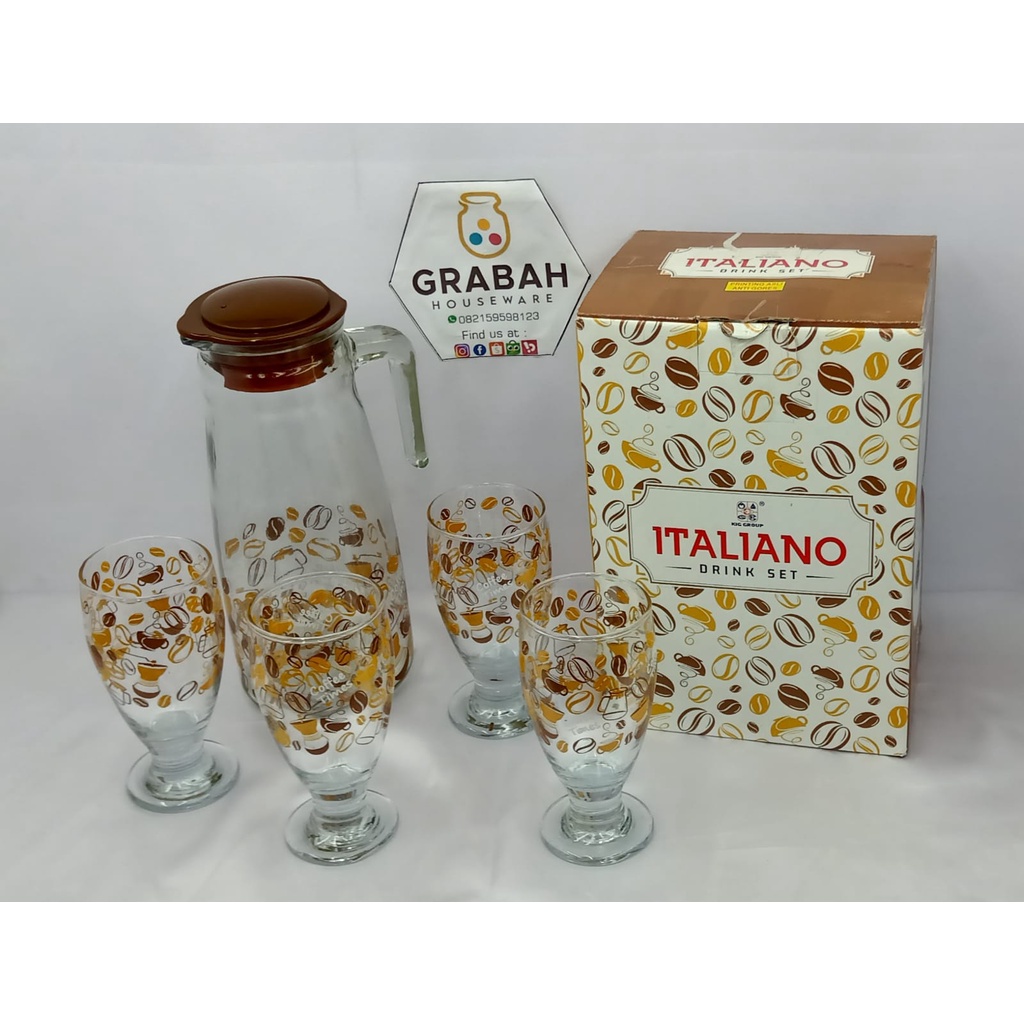 Gelas Air Minum Teko Teh Kaca Motif Kopi Italiano Drink Set Grabah Houseware