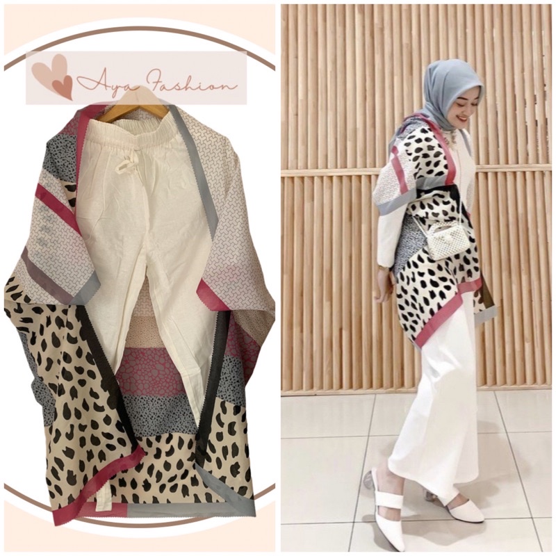 ONE SET Outer Scarf Celana Kulot Linen Highwaist Tali Karet Murah Outer Scarf Motif