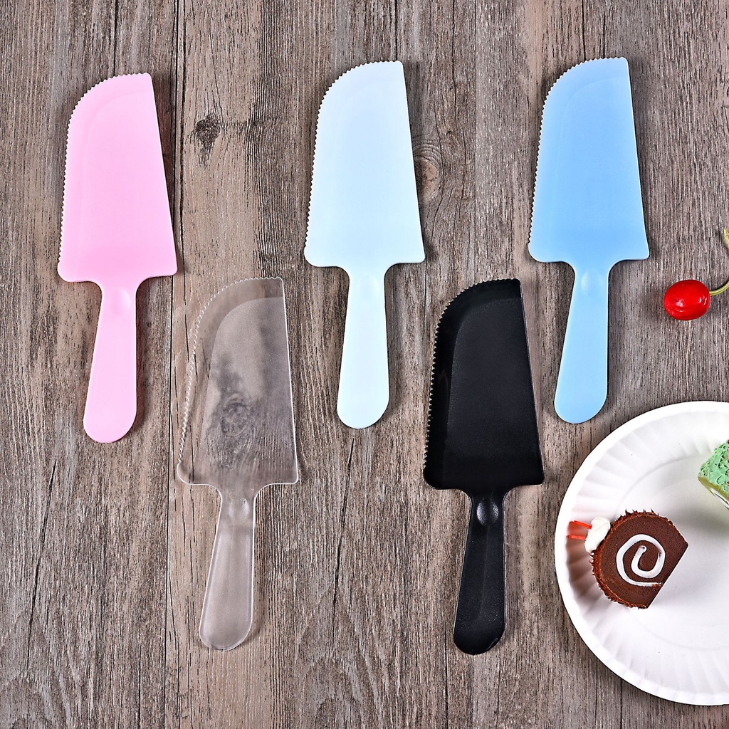 Set Pisau Sendok Piring Kue Ulang Tahun Pesta Pemotong Kue Ultah Untuk 5 Orang Plastic Cake Pie Cutter  Server Utensil / Birthday Plastic Cake Knife  / Frosting Fondant Pastry Cake Slicer Cutter Kitchen Tools