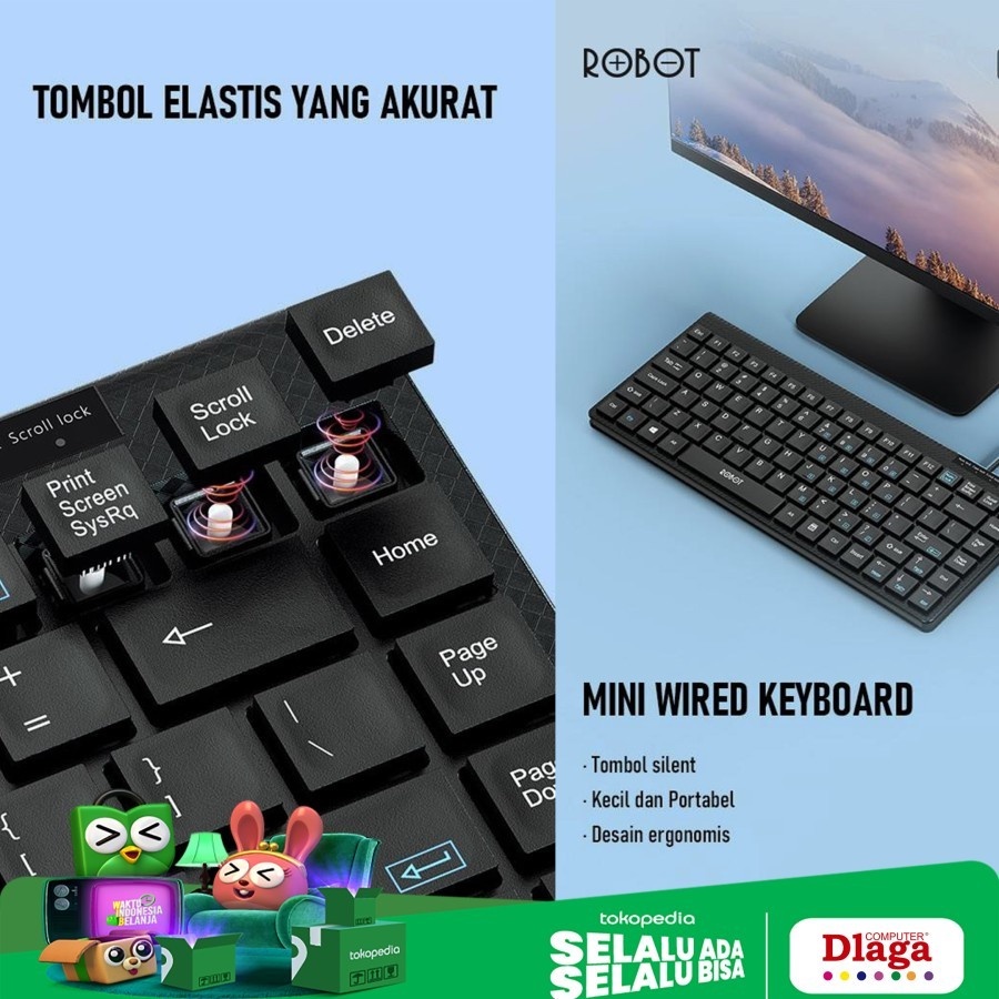 Keyboard Robot RK10 Mini Slim USB Kabel Ultra Thin Silent Hitam Black