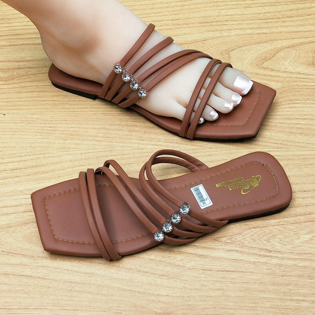 Terbaru | Sandal Flat Teplek Slop Tali Mutiara Wanita Kondangan Kekinian Terbaru 2023 | Sendal Selop