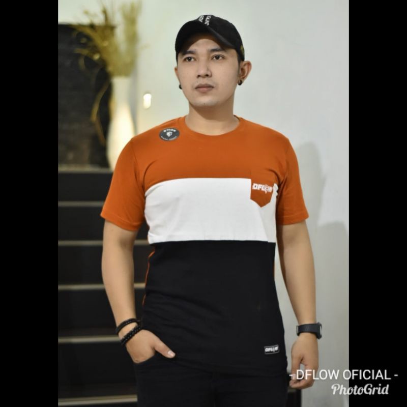 Kaos Pria Distro Dflow Original Free Sticker | orange putih hitam