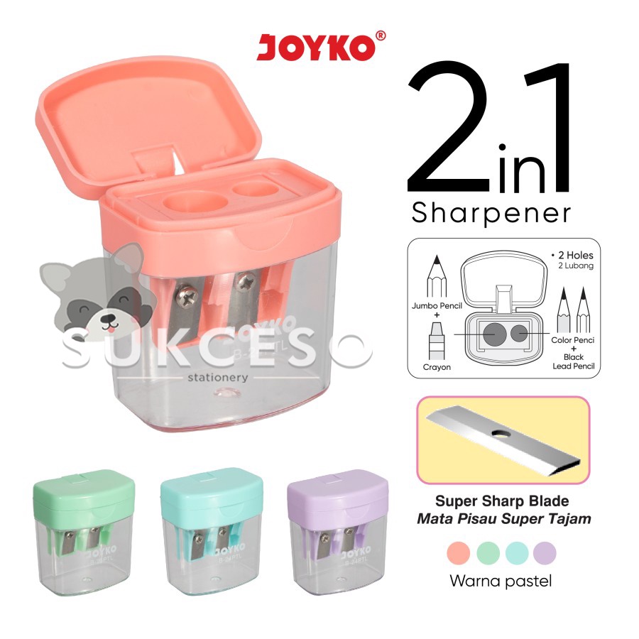 

Joyko Sharpener B-24PTL 2 In 1 Pastel Color / Serutan Rautan Warna Warni