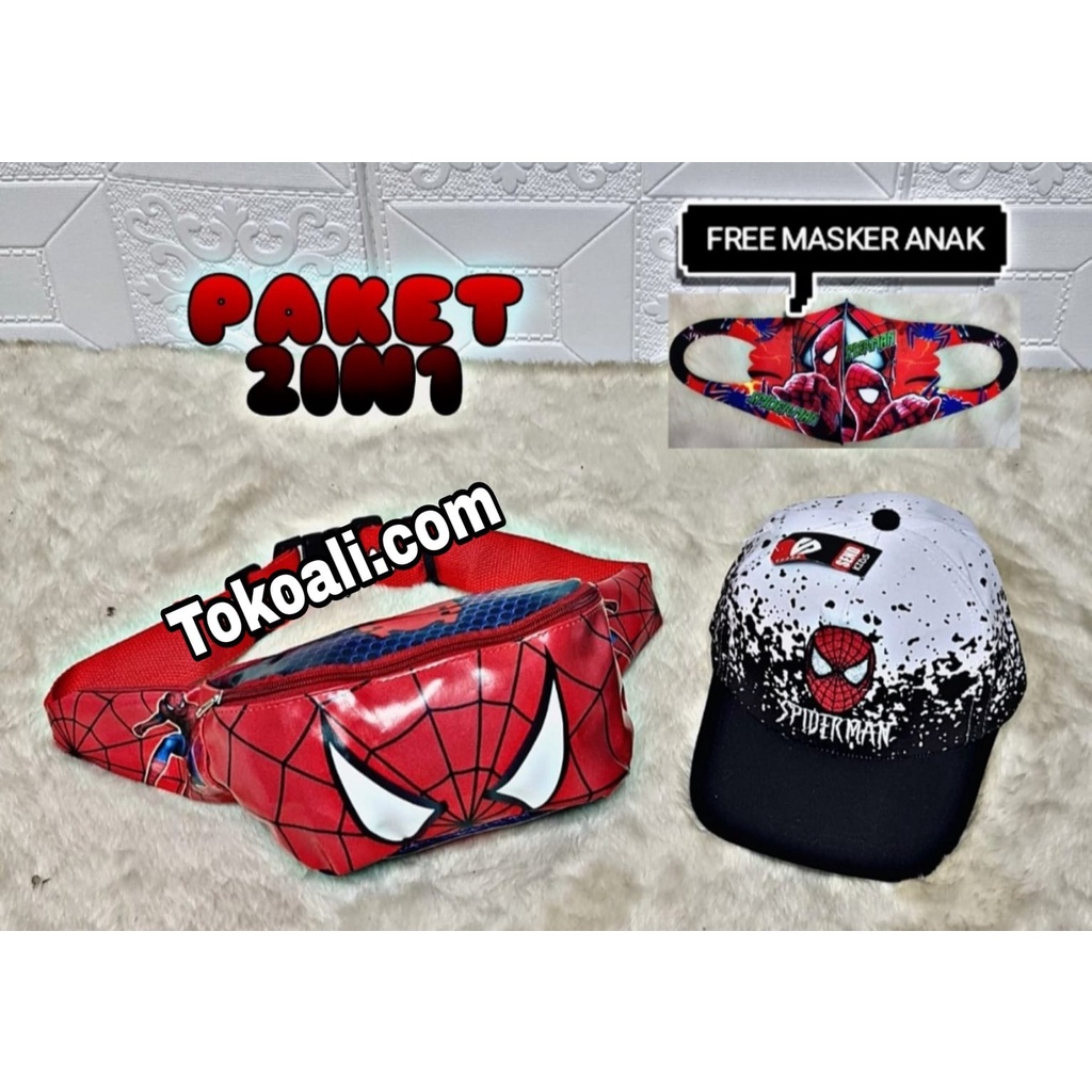 waistbag anak karakter superhero 2in1 - tas + topi