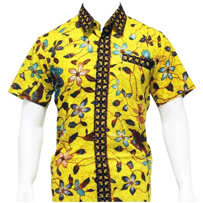 BATIK PRIA - BATIK PEKALONGAN - KEMEJA BATIK PRIA MOTIF SAKURA - Kuning- M