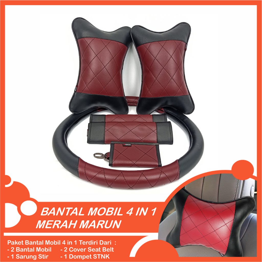 Set Bantal Mobil 4 in 1 Premium Bantal Mobil Sarung Stir Cover Seatbelt Dompet STNK