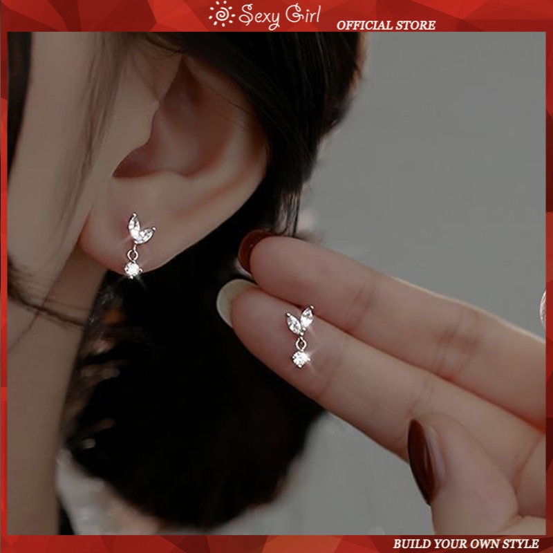 Anting Tusuk Gantung Temperament Desain Daun Hias Zircon Gaya Sexy Untuk Wanita