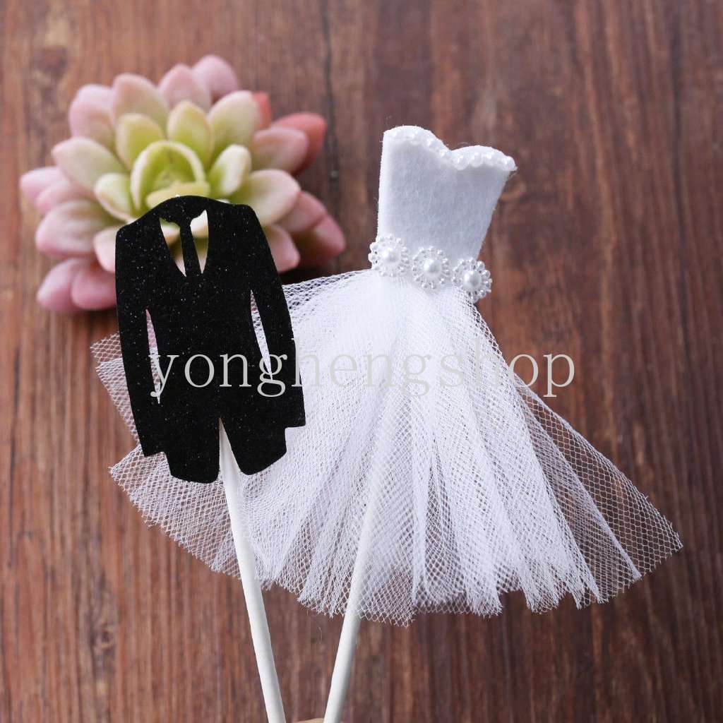 2pcs / set Topper Kue Desain Tuxedo Gaun Pengantin Untuk Dekorasi Pesta Pernikahan