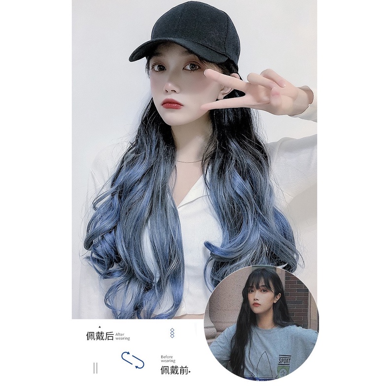 HTG premium half wig topi baseball tebal gradasi abu biru wig hat rambut palsu hair extension lurus wavy