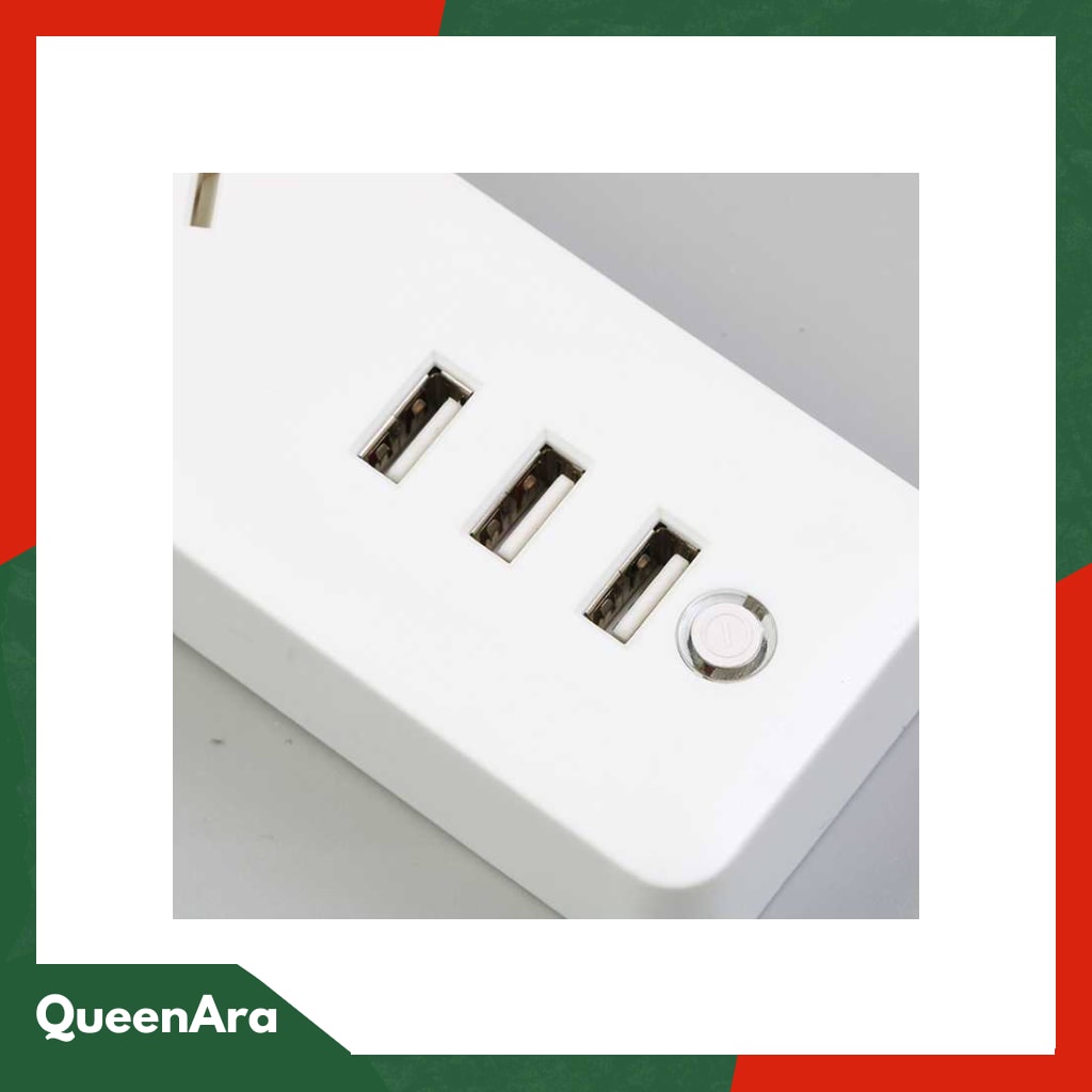 JRDQ Powerstrip 3 USB Port + 3 Electric Plug dengan LED Indikato