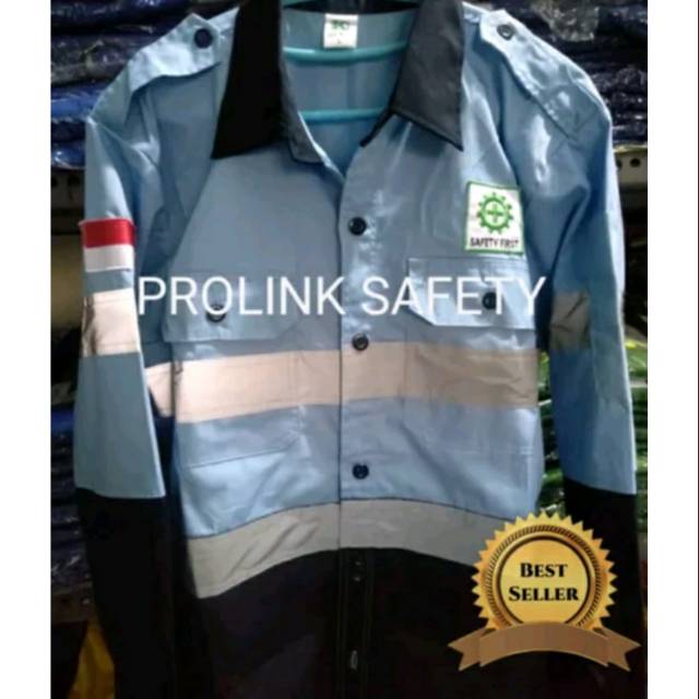 SERAGAM PROYEK BAJU SAFETY PREMIUM KANCING DONGKER KOMBINASI BIRU LANGIT