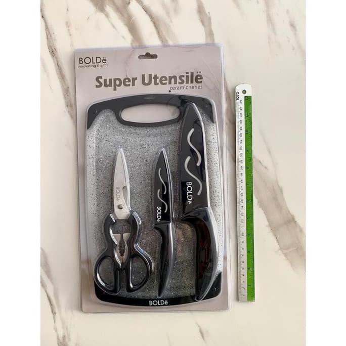 Pisau Set Keramik Plus Talenan BOLDe 4 In 1 - Cutting Board - Gunting